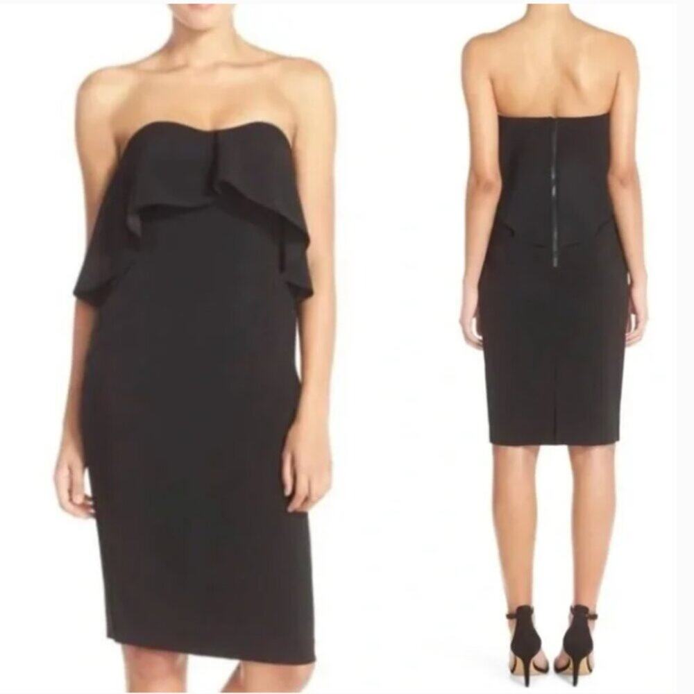 NWT Chelsea28 Black Strapless Ruffle Sheath Dress With Pockets Size 4